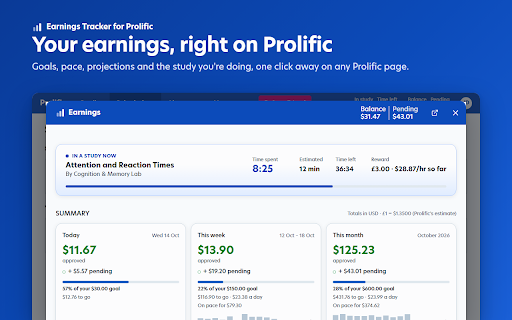 Earnings Tracker for Prolific :: See what you've earned on Prolific today, this week, month, year and all time: approved and still pending.