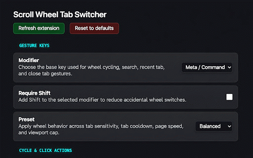 Scroll Wheel Tab Switcher :: Hold Alt and scroll your mouse wheel anywhere on the page to switch tabs. No tab bar hovering needed.