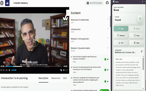 Snow :: Transcribe current tab audio locally and download a transcript.