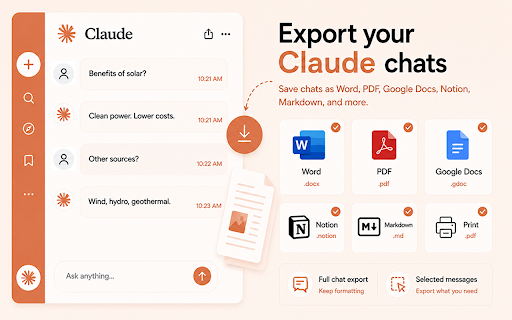 Claude to PDF, Word, Google Docs & Notion — Chat Exporter :: Export, save & download Claude AI chats to PDF, Word, Google Docs, Notion, Markdown. Free, 1 click, keeps code & artifacts.