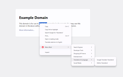 Menu Mod :: Create custom context menu items to perform actions on selected text, links, images and more on any website.