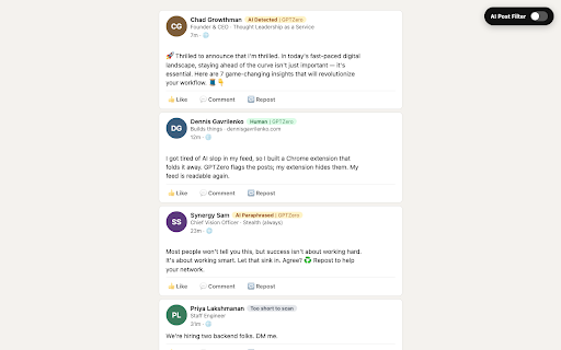 AI Slop Filter for LinkedIn :: Collapses LinkedIn posts the GPTZero extension flags as AI-written. Unaffiliated companion; requires the free GPTZero extension.