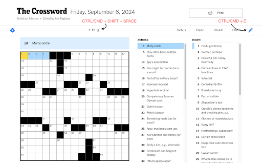 NYT Crosswords Keyboard Shortcuts :: Adds keyboard shortcuts for solving the NYT crossword.