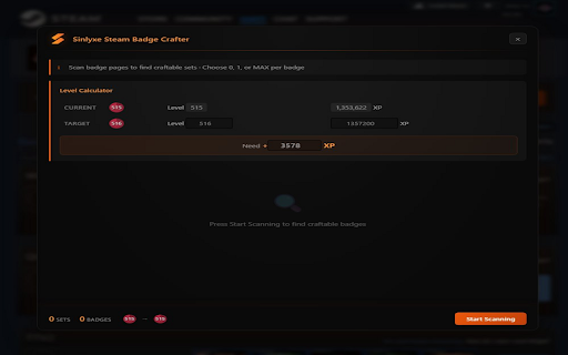 Sinlyxe Steam Badge Crafter :: Auto-craft your Steam trading card badges in bulk. Scan your badges, pick how many sets to craft, and level up fast.