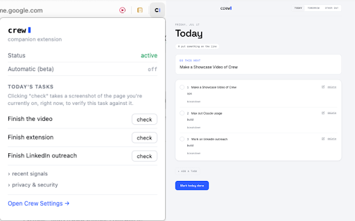 Crew Companion :: One shortcut: Crew screenshots what you're on, matches it to a task you locked in, and checks it off.