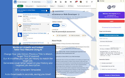 AI Resume Generator by Job Description - Beat the ATS Systems - ATS Killer :: Use AI to rewrite your resume and cover letter based on the job you are viewing right from Linkedin and Indeed!