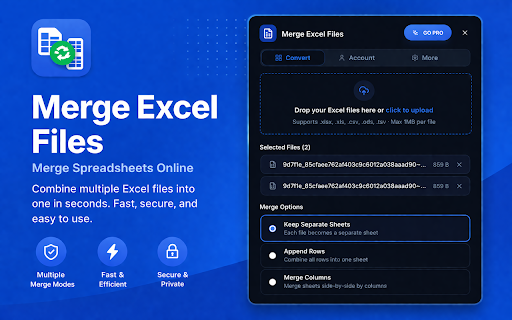 Merge Excel Files — Merge Spreadsheets Online :: Merge Excel files instantly. Combine spreadsheets, append rows, or merge columns directly in your browser.