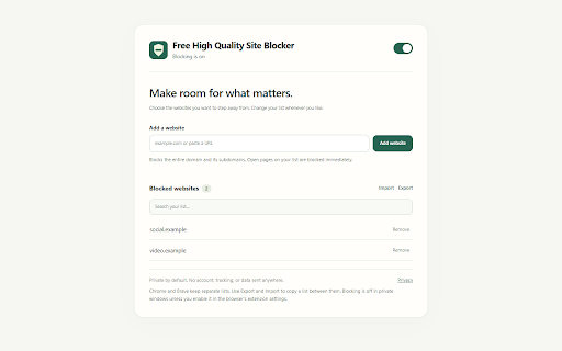 Free High Quality Site Blocker :: Block distracting websites. Quickly add, remove, search, or pause your block list. Everything stays in this browser.