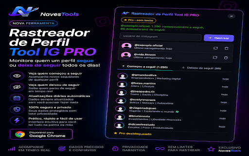 Rastreador de Perfil Tool IG PRO :: Descubra quem um perfil do Instagram começou ou deixou de seguir. Uso pessoal, dados 100% locais.