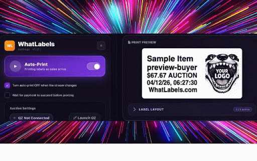 WhatLabels :: Live printing of item labels for Whatnot, eBay Live, and Poshmark Shows.