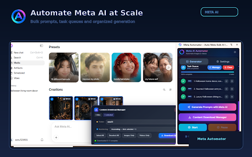 Meta Automator – Auto Meta Bulk AI Image & Video Generator (Free) :: Automate Meta AI video and image generation. Bulk create AI videos and images with custom settings.