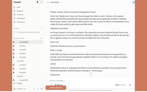 Claude Cleaner :: Allow deleting multiple chats with a progress indicator in Claude.ai.