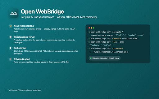 Open WebBridge :: Local, telemetry-free bridge that lets AI agents drive your real browser via the Chrome DevTools Protocol.