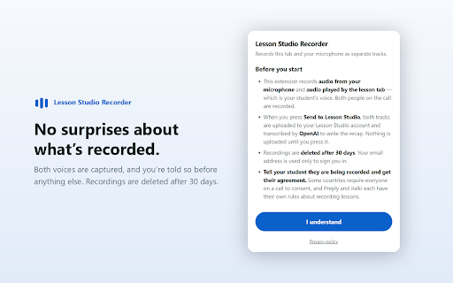 Lesson Studio Recorder :: Records your online language lesson as two audio tracks and sends them to Lesson Studio for a written recap.