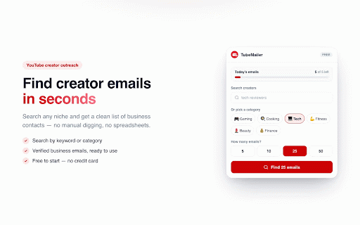 TubeMailer - YouTube Email Finder :: Find business emails from YouTube creators and export them to CSV, Excel & more. Search by keyword or category.
