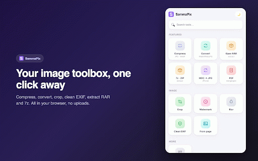 SammaPix — Image Tools :: Compress, convert, crop & clean images. Extract RAR/7z/ZIP. Grab all images from any page in bulk. 100% in your browser.