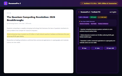 ResumenPro 2 - AI Summarizer & TextRank :: Local AI summarizer: highlight, summarize & read any webpage or PDF — 100% offline, TextRank V12 & Chrome AI ready.