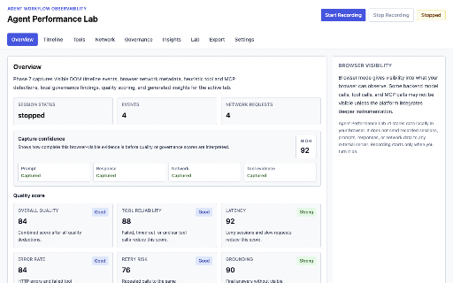 Agent Performance Lab :: Browser DevTools for observing, testing, and governing AI agent workflows.