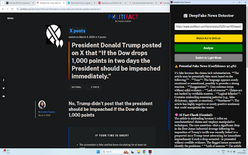 DeepFake News Detector :: Detect fake news with AI-powered analysis using a cloud server. This extension uses affiliate ads to support development.