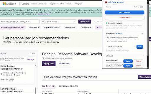 Job Page Monitor — Fast Alerts for New Tech Jobs :: Watch career pages in one click and get notified when listings change. Watchlist + keyword filters + dark mode.