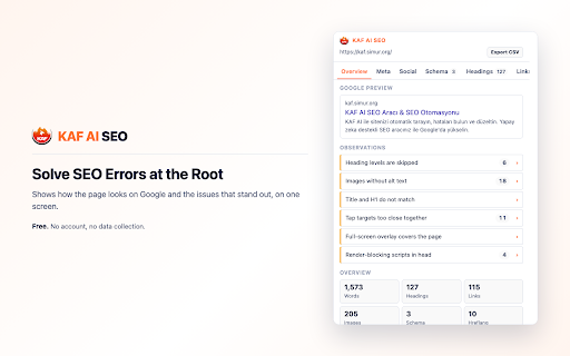 KAF AI SEO — On-Page Inspector :: Inspect any page's SEO: meta tags, canonical, hreflang, structured data, headings, links, images. Runs entirely in your browser.