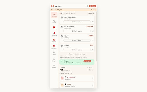 Favewise - Bookmark Cleaner & Organizer :: Make bookmarks useful again. Find dead links, duplicates, empty folders, and forgotten bookmarks. Local-first, no tracking.