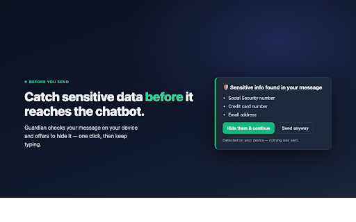 Tenebrae Guardian :: On-device AI safety: warns before you share sensitive data with a chatbot and flags scams in AI replies. Stays on your device.