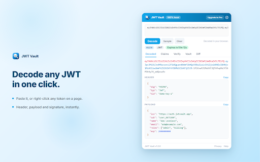 JWT Vault - Decode, Verify & Debug Tokens :: Decode JWT tokens locally, verify signatures & debug claims. Live expiry + encrypted vault. Tokens never leave your browser.