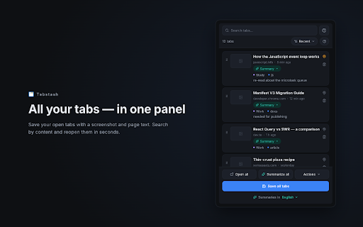 Tabstash :: Сохраняйте открытые вкладки со скриншотом, тегом и заметкой, ищите и сортируйте их в боковой панели.