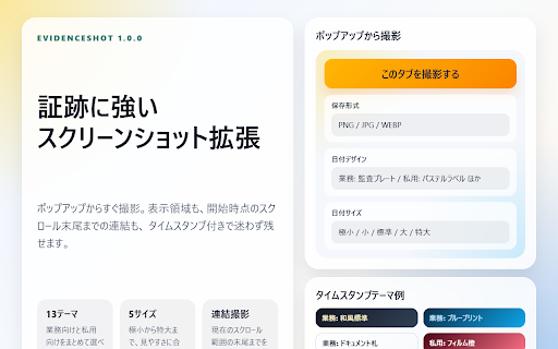 EvidenceShot :: Webテスト向けに、表示領域やスクロール連結のスクリーンショットを日時入りで保存できるChrome拡張機能です。
