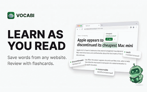 Vocabi – Vocabulary Builder & Word Translator :: Translate & save words while reading websites. Build vocabulary with spaced repetition flashcards. No account needed. 10 languages.