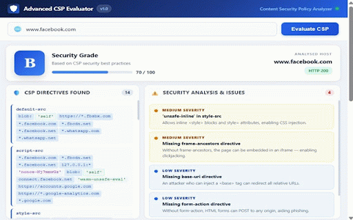 Advanced CSP Evaluator :: Analyze Content Security Policy headers for any domain. Get security grades, directive analysis, and vulnerability detection.