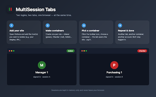 MultiSession Tabs :: Give each tab its own login session. Stay signed in to multiple accounts at once, side by side, in one browser.