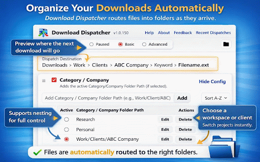 Download Dispatcher — Download Organizer :: Automatically route and organize downloads into folders by website, file type, keyword, or category.