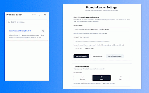 PromptsReader :: A Chrome extension for quick access to your personal prompt library from GitHub