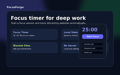 FocusForge - Site Blocker & Focus Timer :: Block distracting websites during focus sessions and build better deep-work habits.