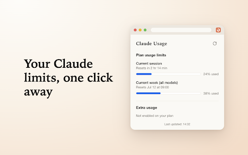 Claude Code Usage :: Track claude code usage at a glance: session and weekly limits, a reset timer, and a live toolbar gauge — zero clicks needed.