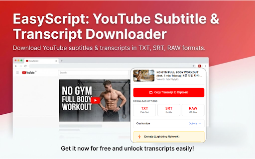 EasyScript: YouTube Subtitle & Transcript Downloader :: Download YouTube subtitles & transcripts (TXT, SRT, RAW) with smart 30s grouping and send them to ChatGPT / Gemini / Claude