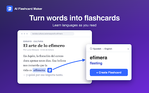 AI Flashcard Maker :: Save any word with AI Flashcard Maker — a flashcard generator that exports quizlet or anki flashcards for language learning.
