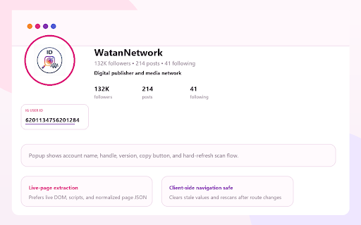 Instagram Page ID Finder :: Find an Instagram user ID from the live profile page with a branded WatanNetwork popup and on-page card.