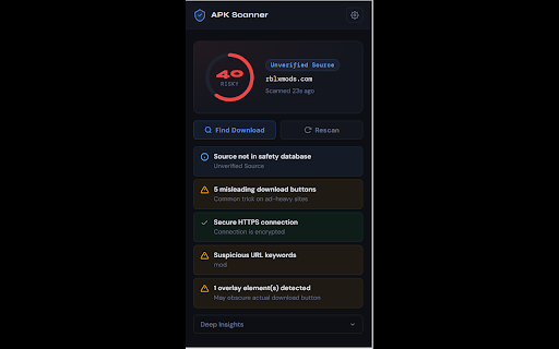 APK Safety Scanner :: Instantly evaluate APK download pages for safety risks, fake buttons, and malicious redirects.