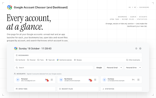 Google Account Chooser (and Dashboard) :: Redirects Google service links (Gmail, Meet, Calendar, Drive, etc.) through Account Chooser so you can pick the right account.