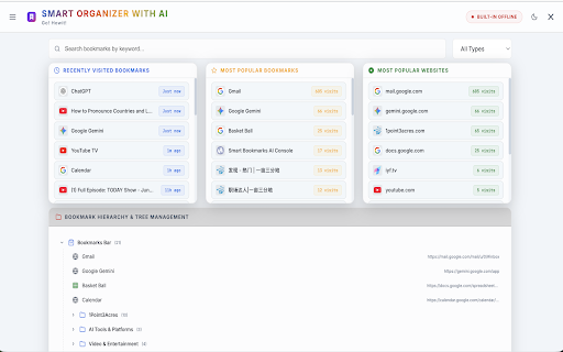 Smart Bookmarks AI :: Organize, structure, and deduplicate your Chrome bookmarks using on-device Gemini Nano or Claude API.