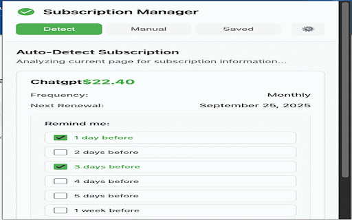 Subscription Manager :: Automatically detect, track & manage subscriptions on any website. Get renewal alerts, find cancel links & avoid unwanted charges.