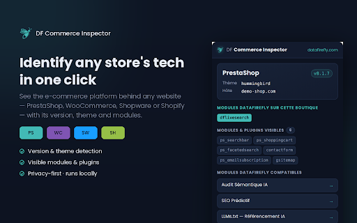 DF Commerce Inspector :: Detect PrestaShop, WooCommerce, Shopware & Shopify: version, theme, modules — plus compatible DataFirefly modules.