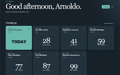 Day Counter :: See the dates that matter whenever you open a new tab.