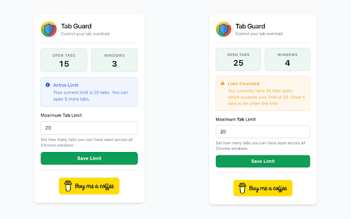 Tab Guard :: Keep your Chrome window tidy by capping how many tabs you can open. Tab Guard notifies you when you hit the limit.