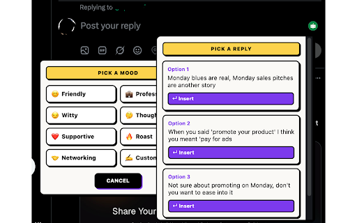 Voxily: AI Reply & Comment Generator for LinkedIn, X & Reddit :: Replies and comments in your voice on LinkedIn, X and Reddit. Drafts inside the reply box; you edit and send. Never auto-posts.