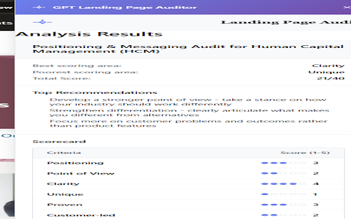 GPT Landing Page Auditor :: Custom GPT landing page auditor in a sidebar for real-time positioning and messaging analysis