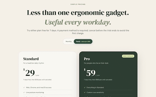 PostureKind - Posture Monitor & Breaks :: Private webcam posture monitoring, movement breaks, and eye reminders for long desk days.